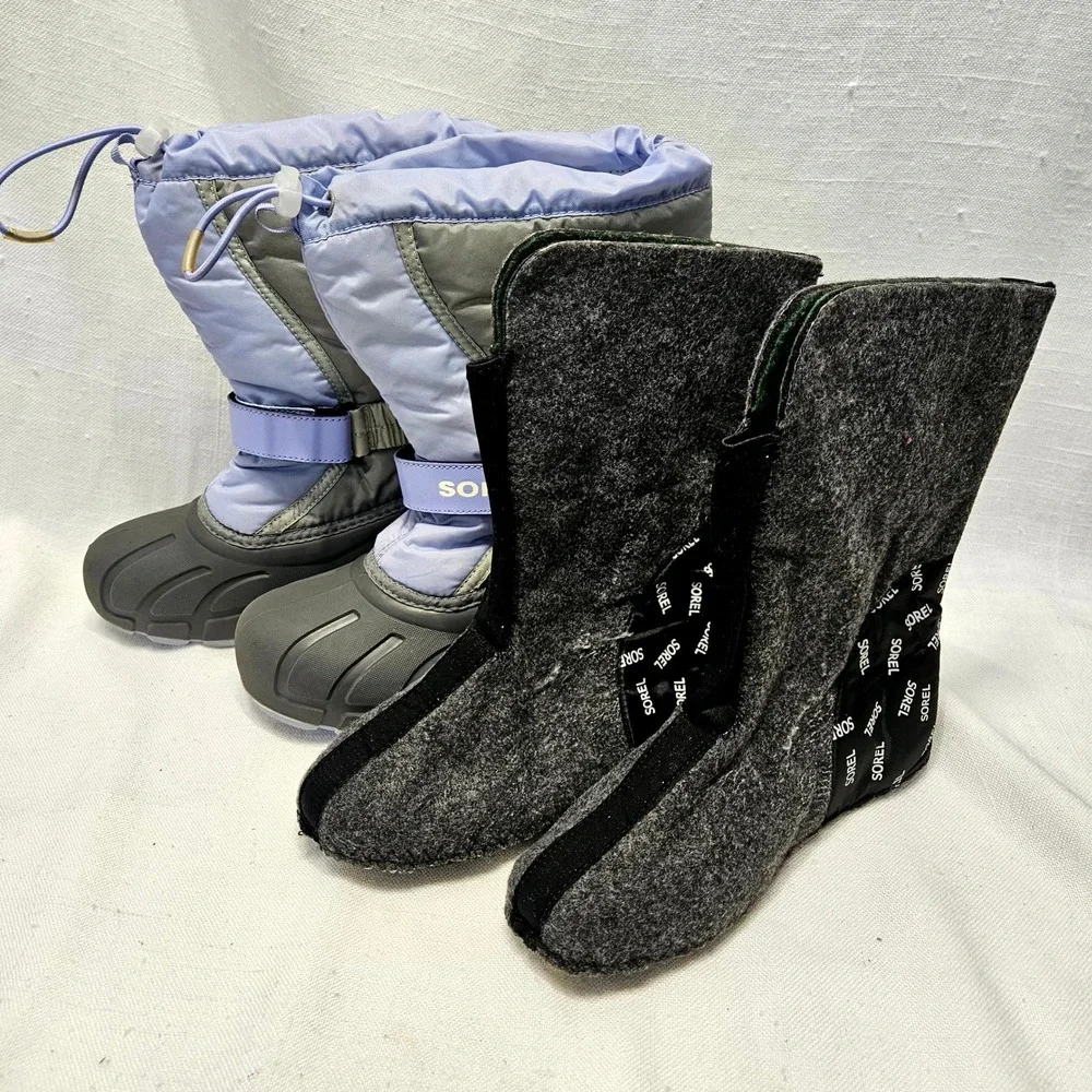 Sorel Flurry Snow Boots‎ Youth 1 Gray Purple Waterproof Insulated Winter Kids